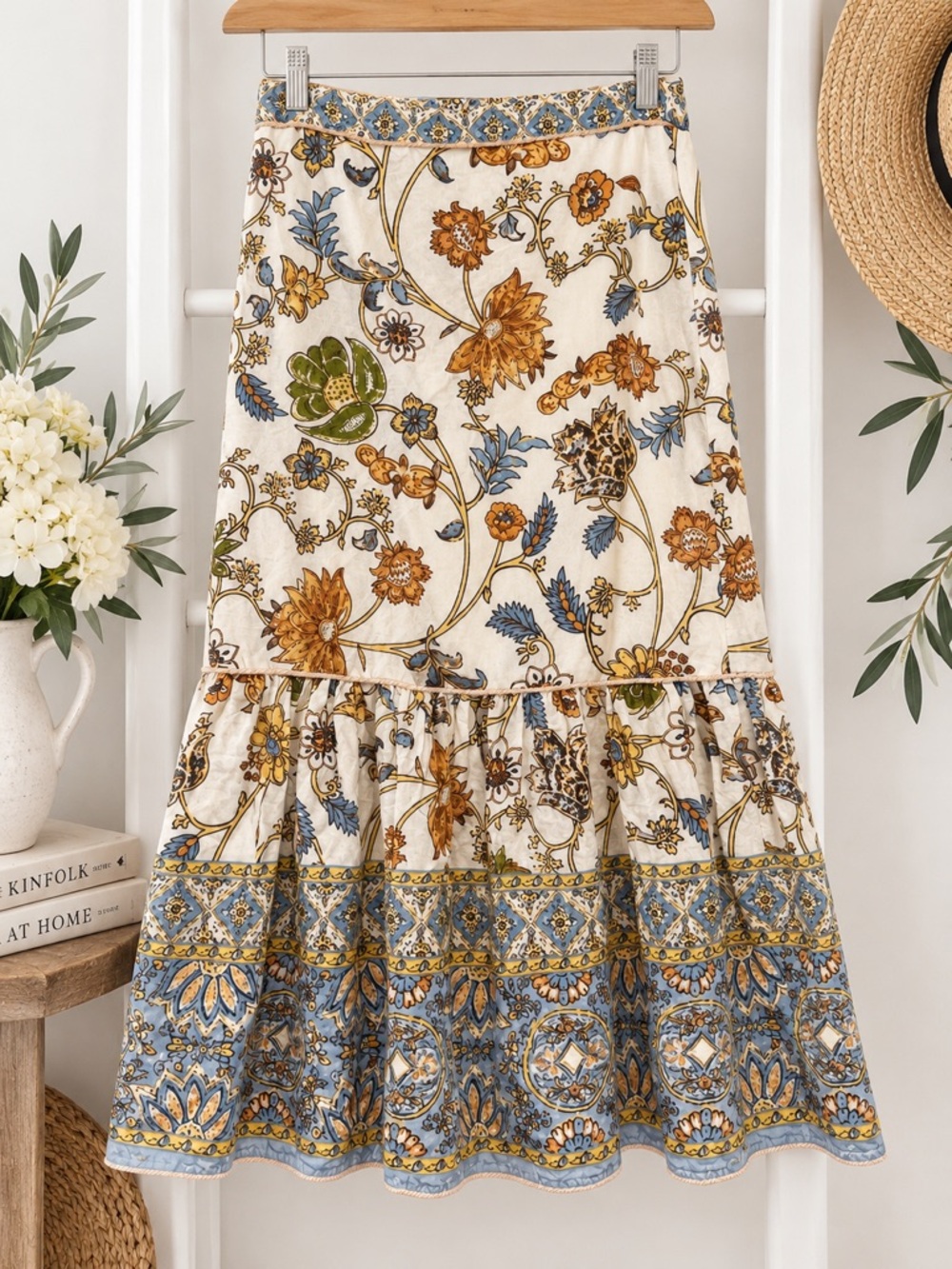 House of Harlow 1960 Linen Blend Floral Boho Maxi Skirt Size S